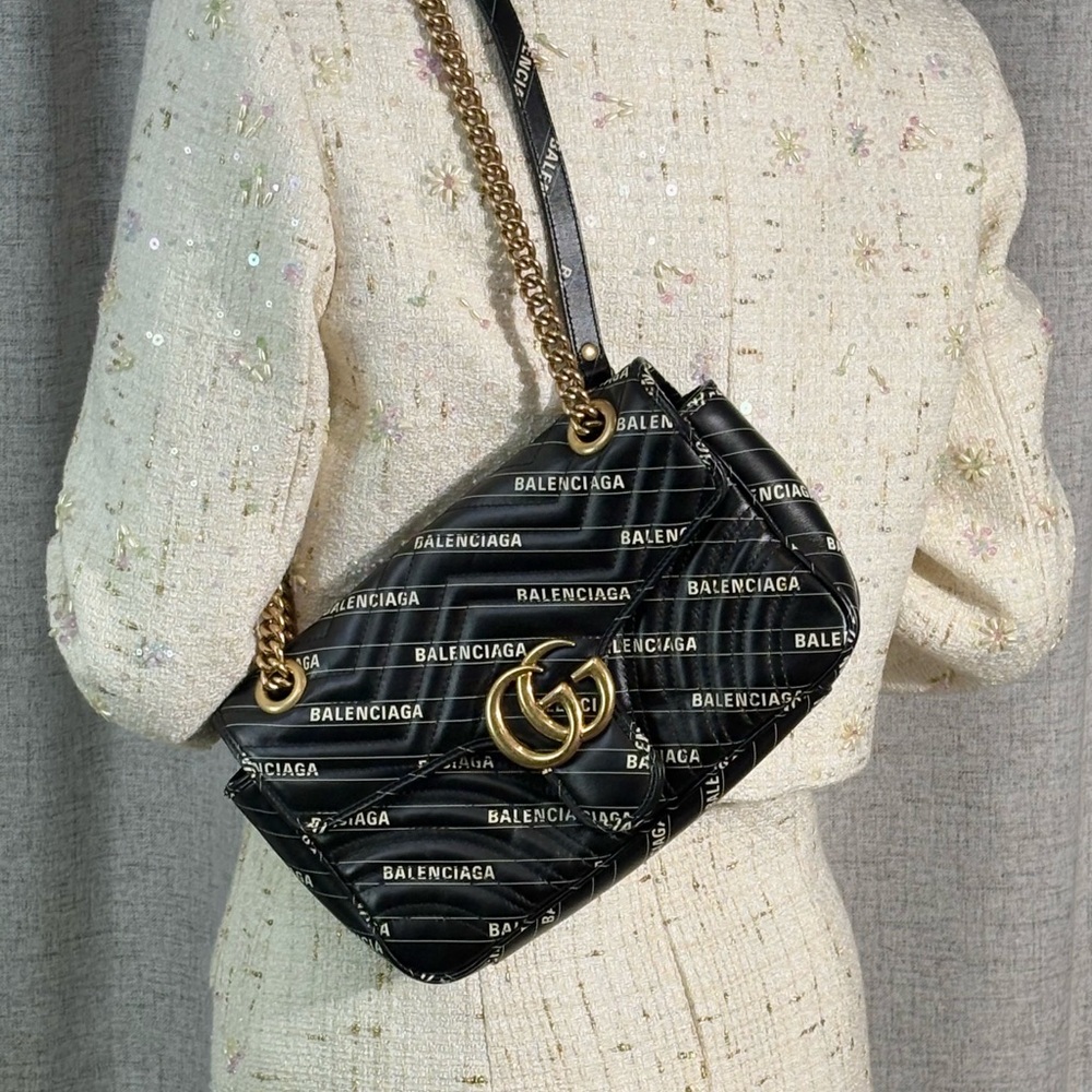 GUCCI Black Leather GG Marmont Shoulder Bag with Balenciaga Print Medium GHW - Picture 14 of 17
